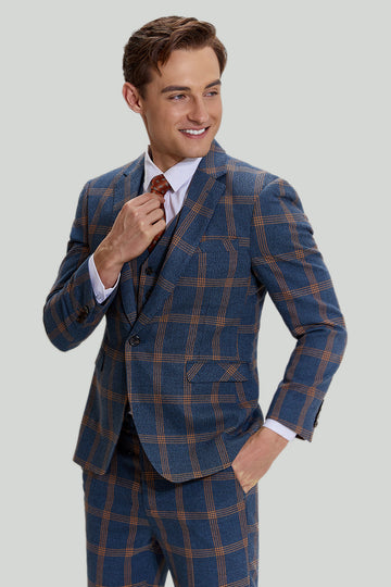 Gris Bleu Homme 3 Pièces Plaid Notched Lapel Prom Suits